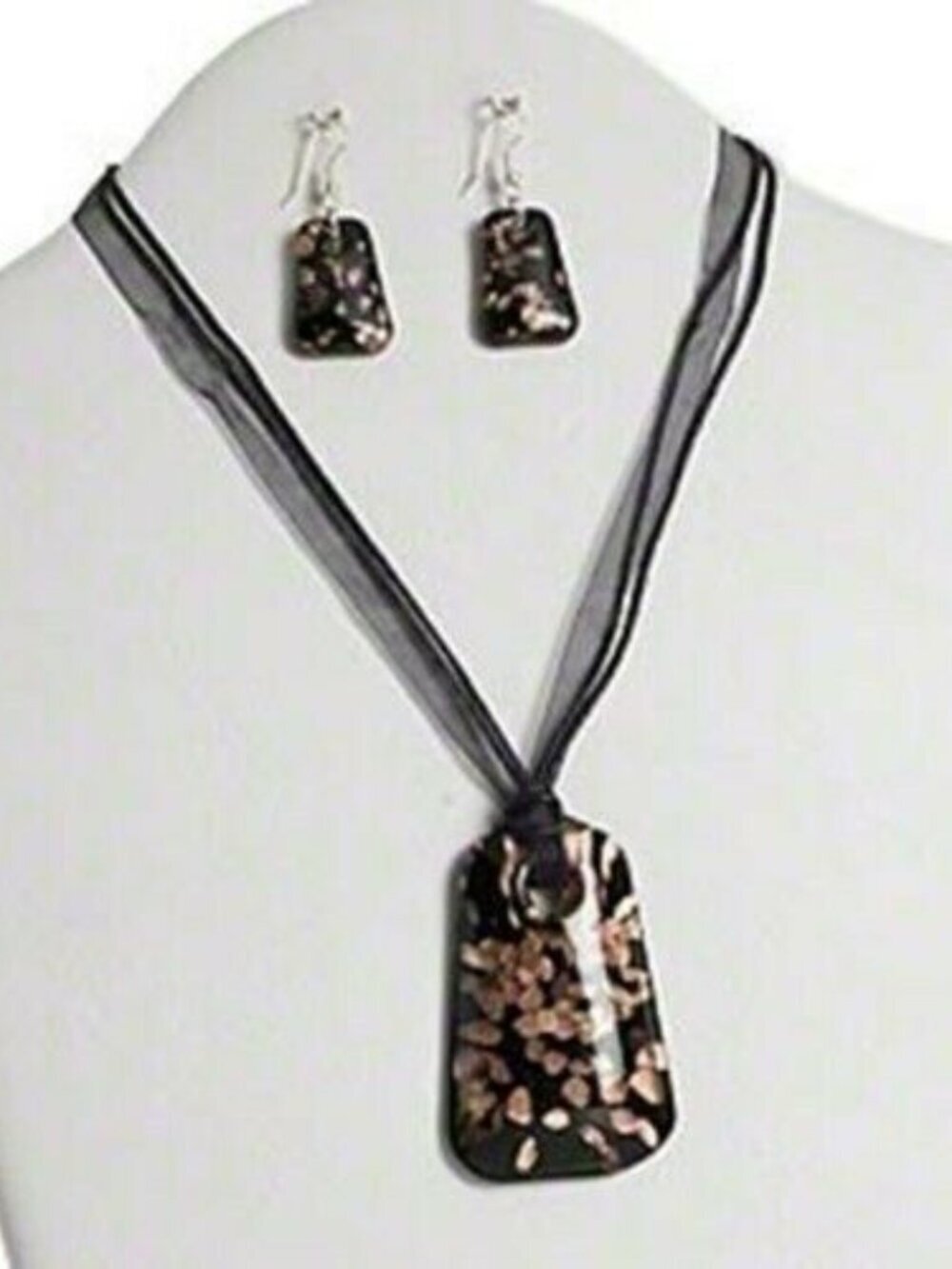 Black Glass Metallic Copper Sand Trapezoid Necklace Earrings Jewelry Set